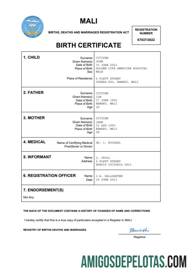 Realista modelo Word e PDF de certidão de nascimento de registro vital de Mali
